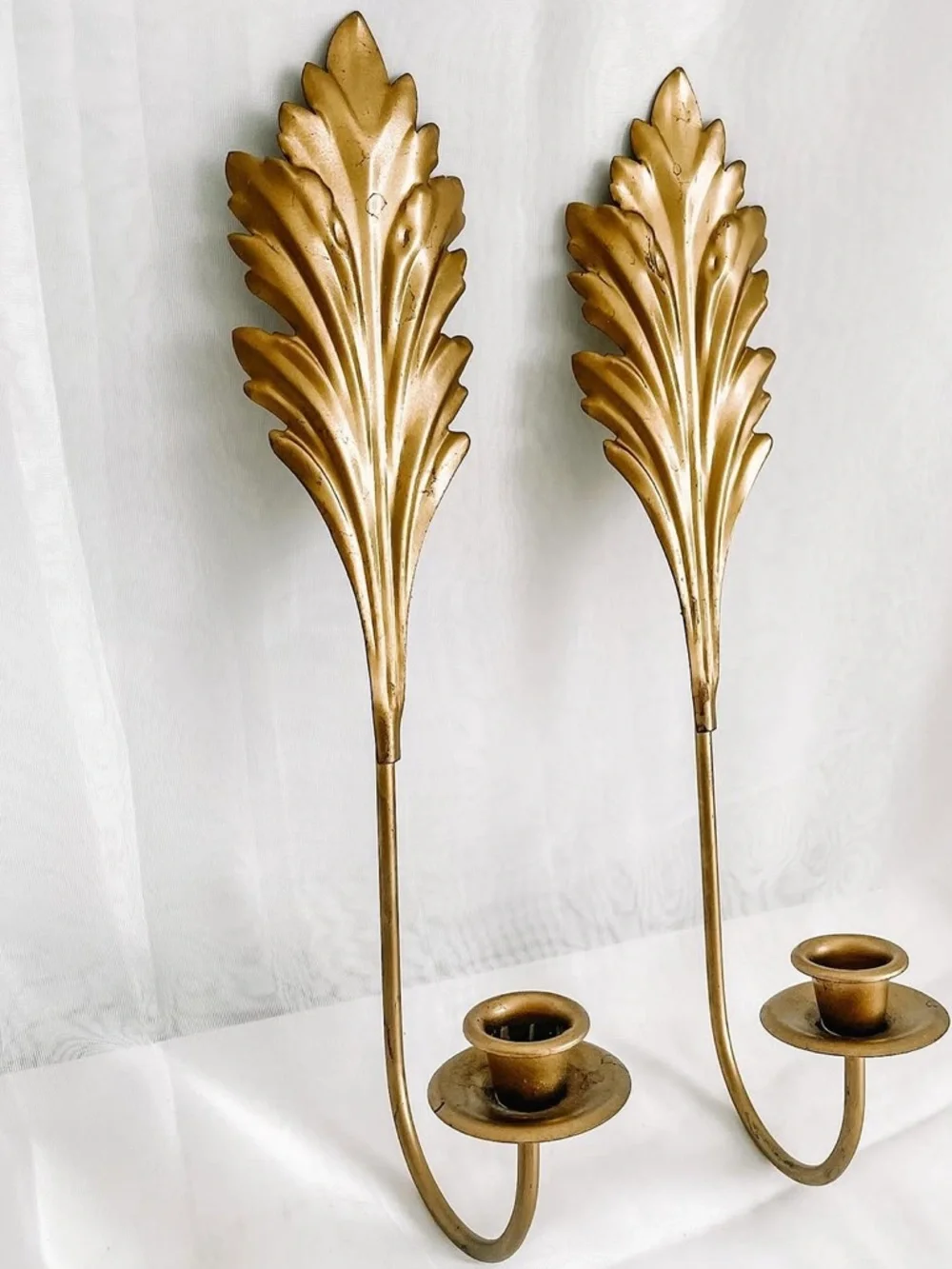 2 Vintage Gold Tone Acanthus Leaf Wall Candle Sconces | Holders. MCM | 70’s